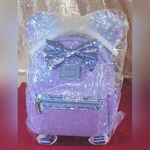 Loungefly Disney Minnie Mouse Celebration Mini Backpack Purple Sequins NEW NIP
